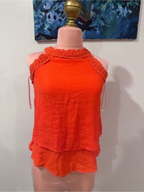 BCX Bright Orange Crochet Halter Layered Camisole